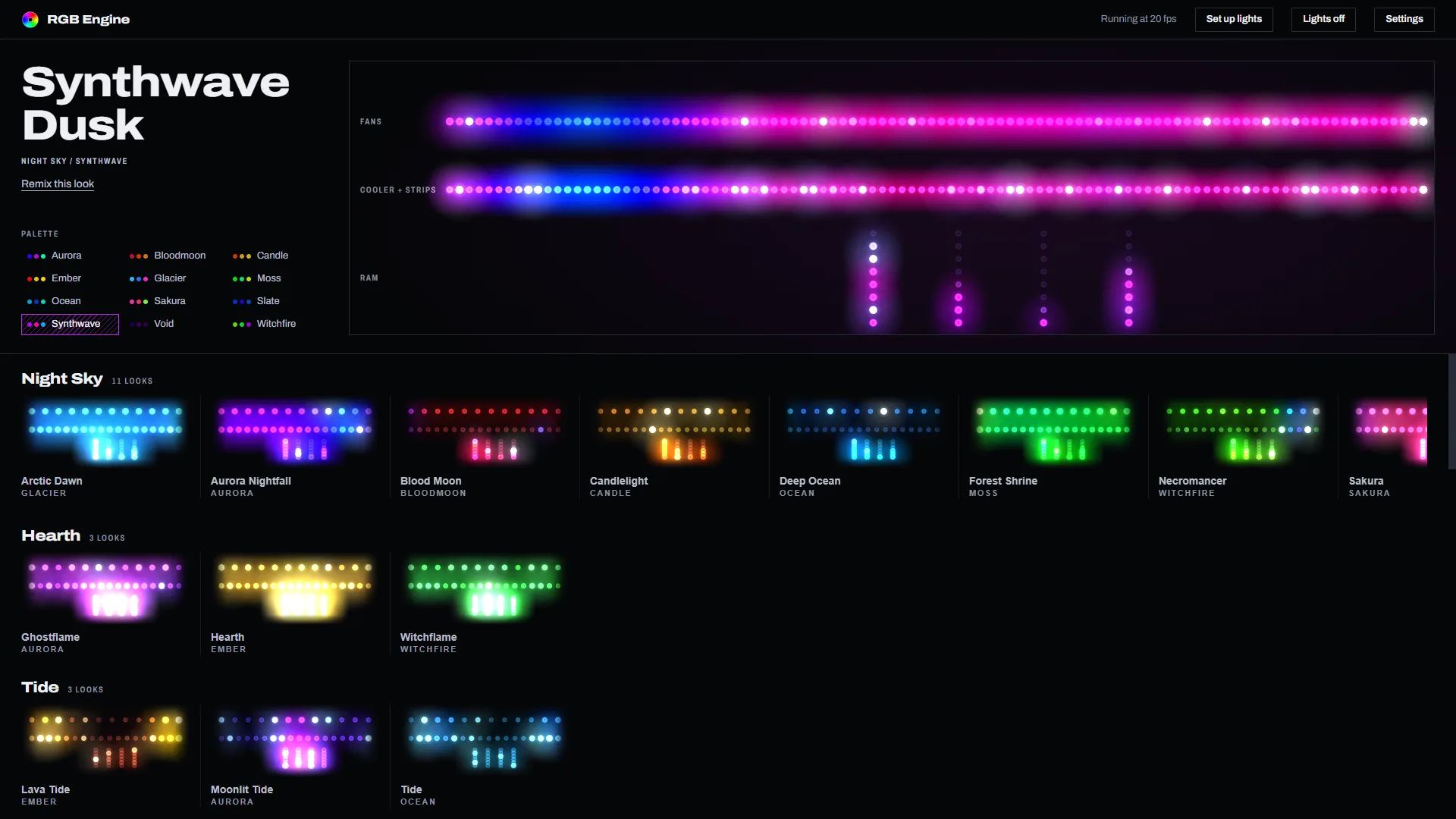 The RGB Engine library: the current look shown live on fans, strips and RAM, with palettes and shelves of looks below.